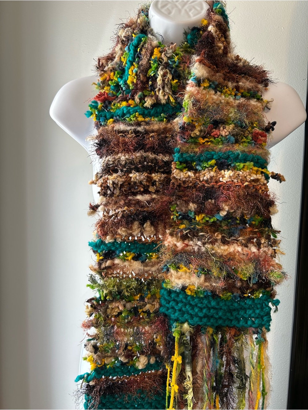 Handcrafted Multicolor Knit Scarf in Green, Brown & Yellow